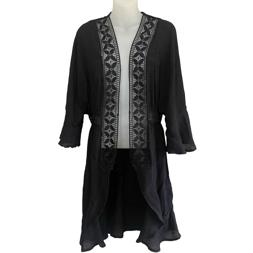 Love Tree Boho Lace Caftan Ruffle Kimono Duster Cover Up Festival Black Sz Large